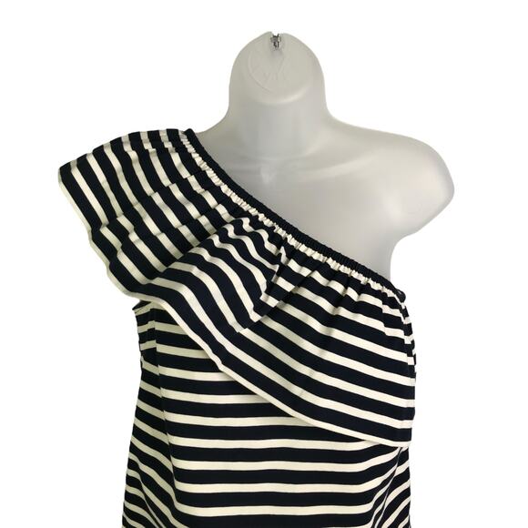 J.Crew One Shoulder Asymetric Top Wmns Size XS Navy Blue Stripe Ruffle Classic - Picture 4 of 9